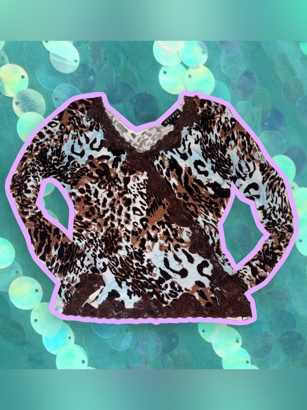Y2K Metric Animal Print Lace-Trim Long Sleeve Top - Brown & Ivory